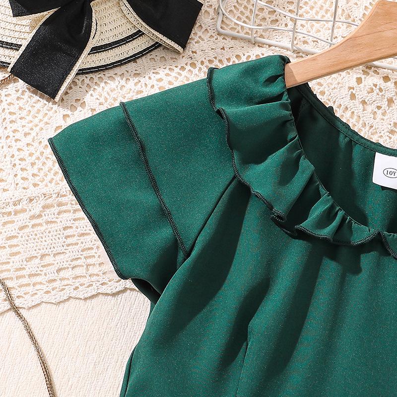 7-12Y Girls' Children's Suit Children's Dress Summer Skirt New Solid Colour Splicing Sleeve Princess Skirt