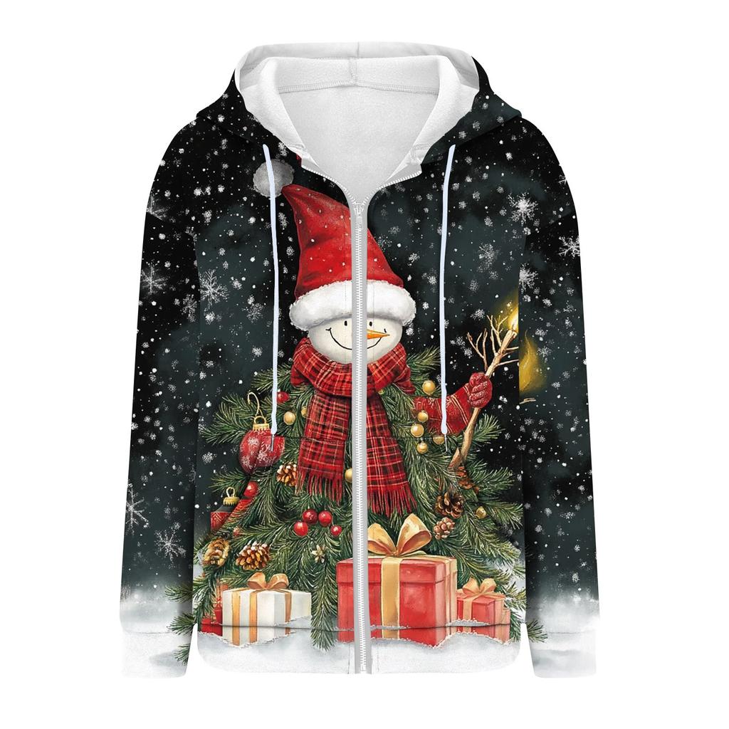 Женская рождественская печатная толстовка осень-зима с длинным рукавом кардиган куртка с карманами на молнии толстовка с капюшоном верхняя одежда