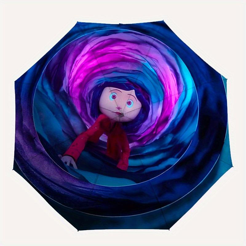 Coraline, Tunnel Automatic folding umbrella simple eight rib design, bright color pattern, durable iron frame, ideal for travel and outdoor