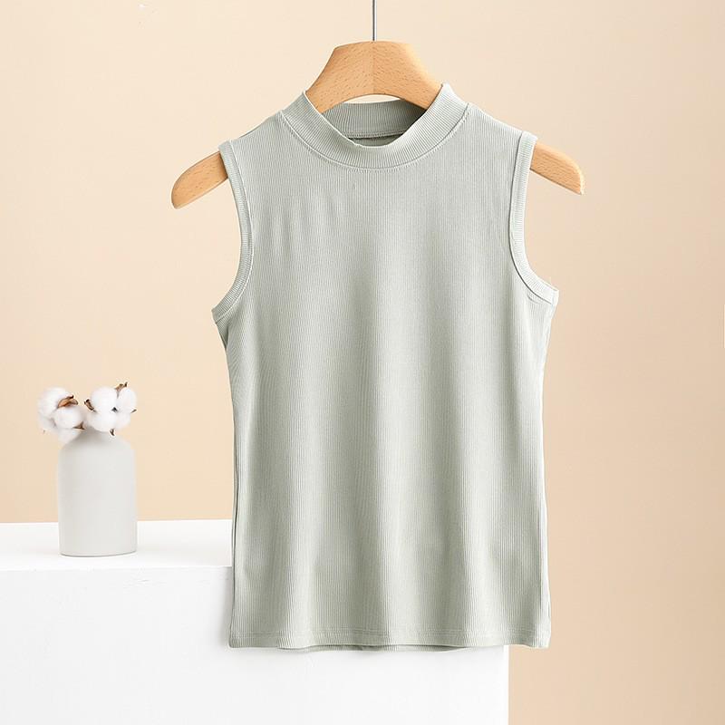 Женский облегающий хлопковый жилет без рукавов с полувысоким воротником - Летний топ однотонной расцветки