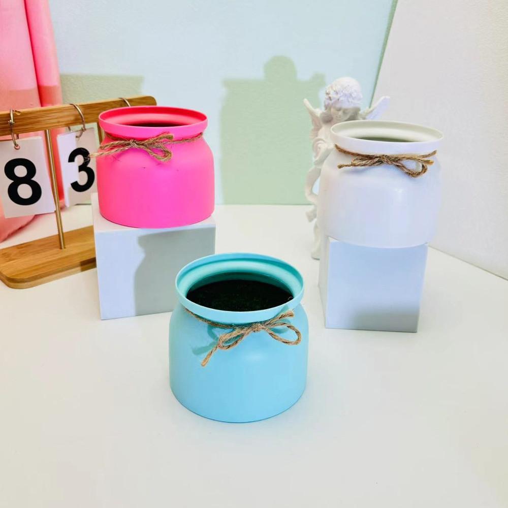 Plastic Flower Pot With Macaron Color Edging And Butterfly Bow For Hotel Wedding Decor Faux Plant Display