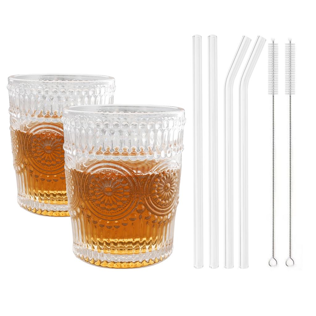 Кружка с тиснением, стеклянная чашка на 10 унций с набором соломинок, посуда для ежедневного использования, ретро сок, напиток, вино, чай, молоко, кофе, чашка, стеклянная посуда