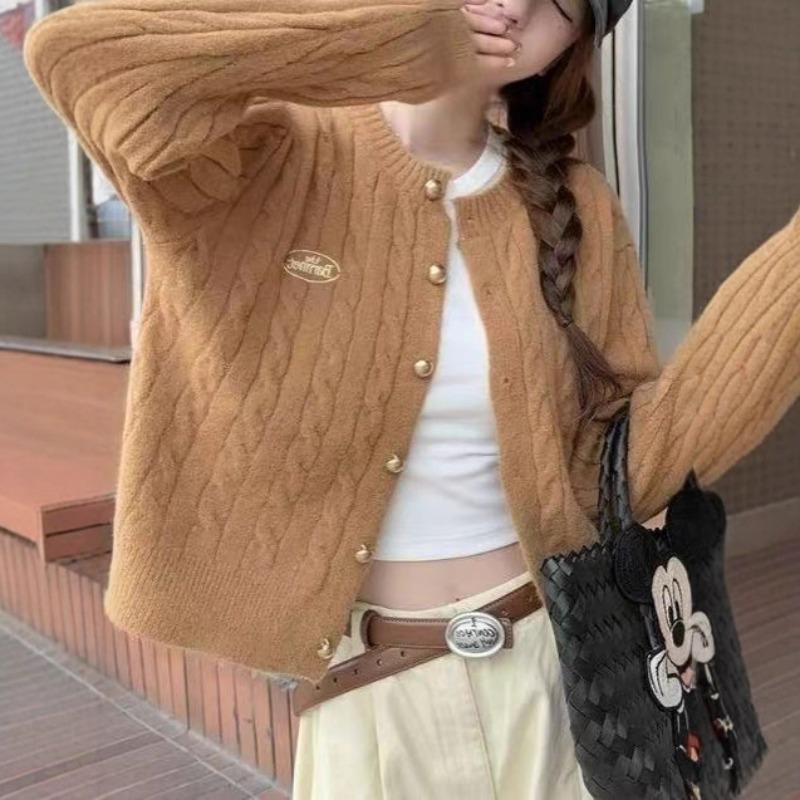 Осенний кардиган свитер с круглым вырезом на пуговицах, женский, с вязаным узором «косы», женская куртка в колледжском стиле
