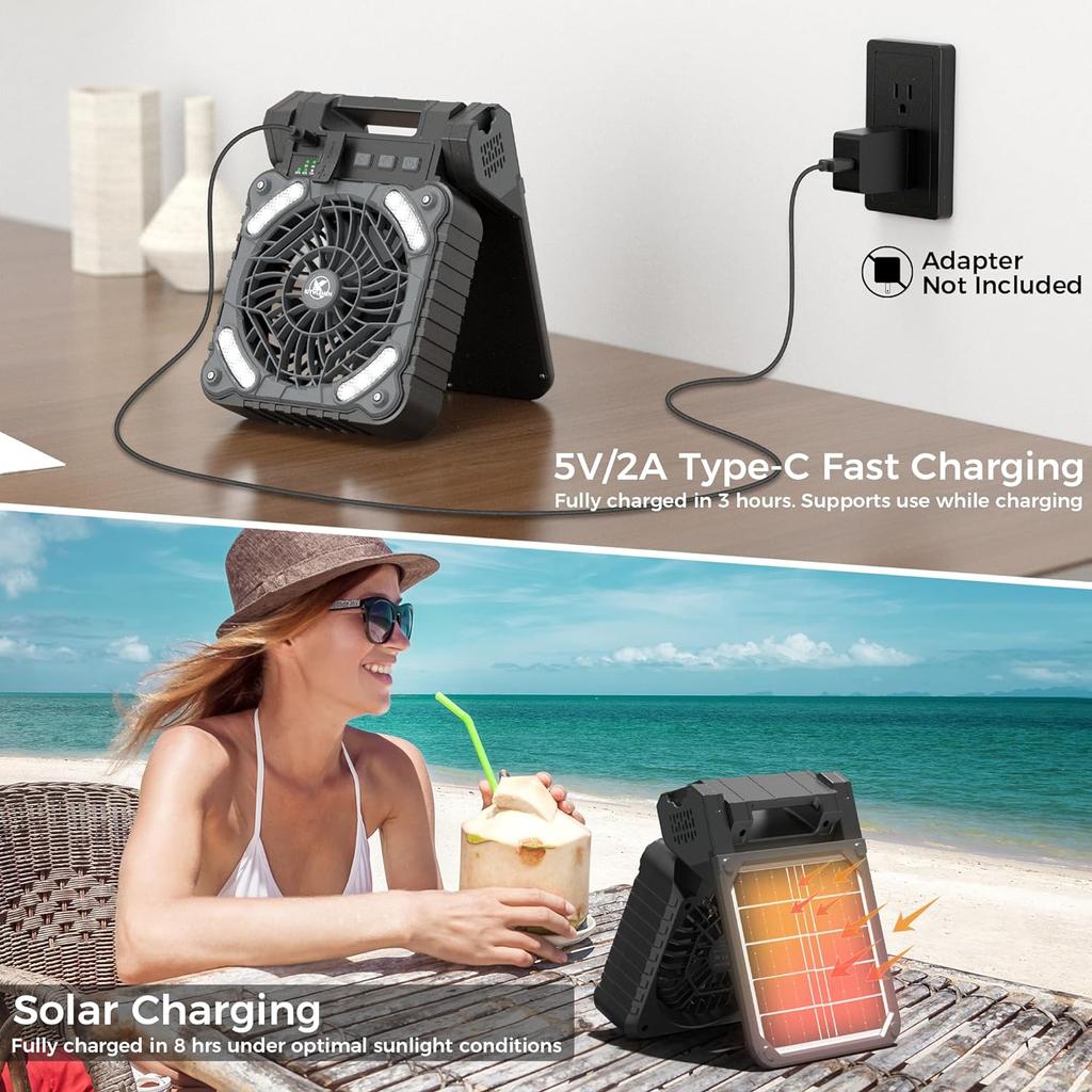 Portable Solar Fans with LED Lantern Rechargeable Powered Camping Folding Fan USB