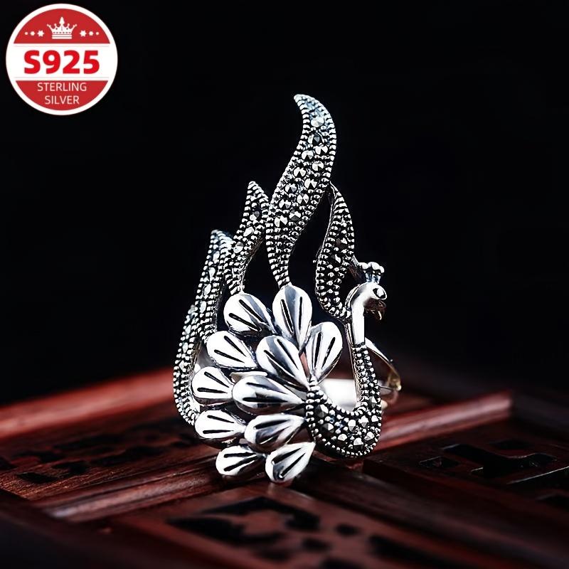 S The adjustable vintage sterling silver ring with peacock hollow screen and feather open design is an essential accessory for Valentine's Day,