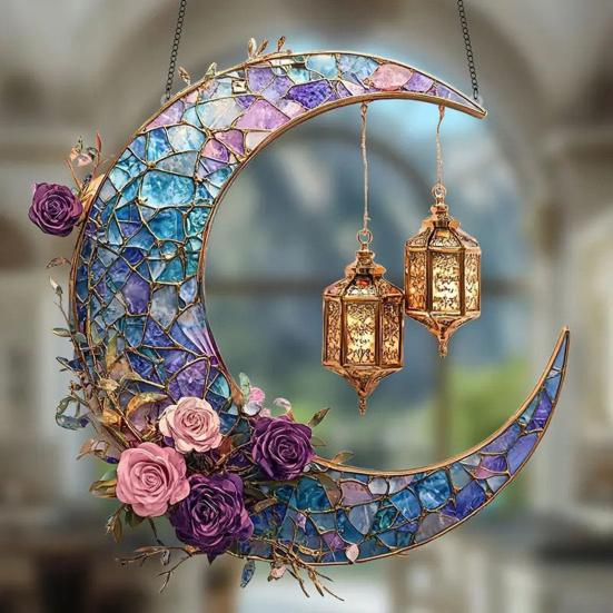 Moon Suncatcher Hanging Decoration Moon Star Lantern Stained Glass 2D