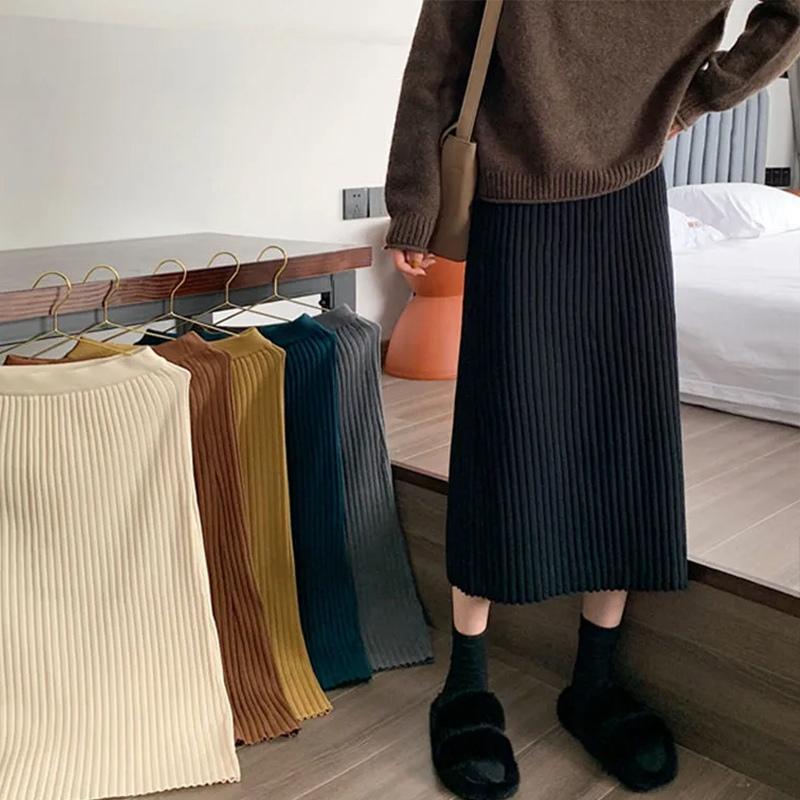 Женские юбки Осень и зима без разрезов Трикотажные юбки средней длины с высокой талией Тонкая юбка трапециевидной формы
