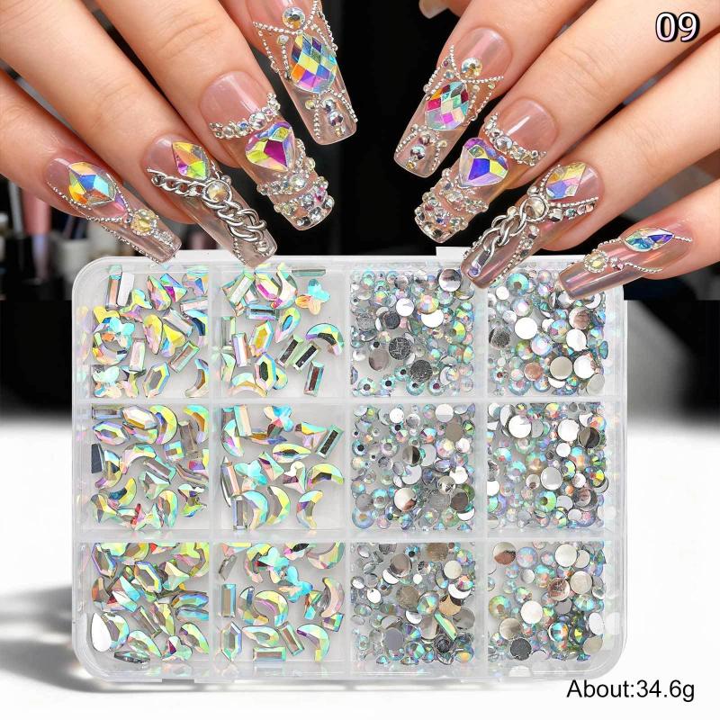 12 ячеек Плоское дно Смешанные Алмазы для ногтей 12 цветов Стразы для ногтей Блестящие Разноцветные Драгоценные камни для ногтей Стеклянные камни Шарм для ногтей