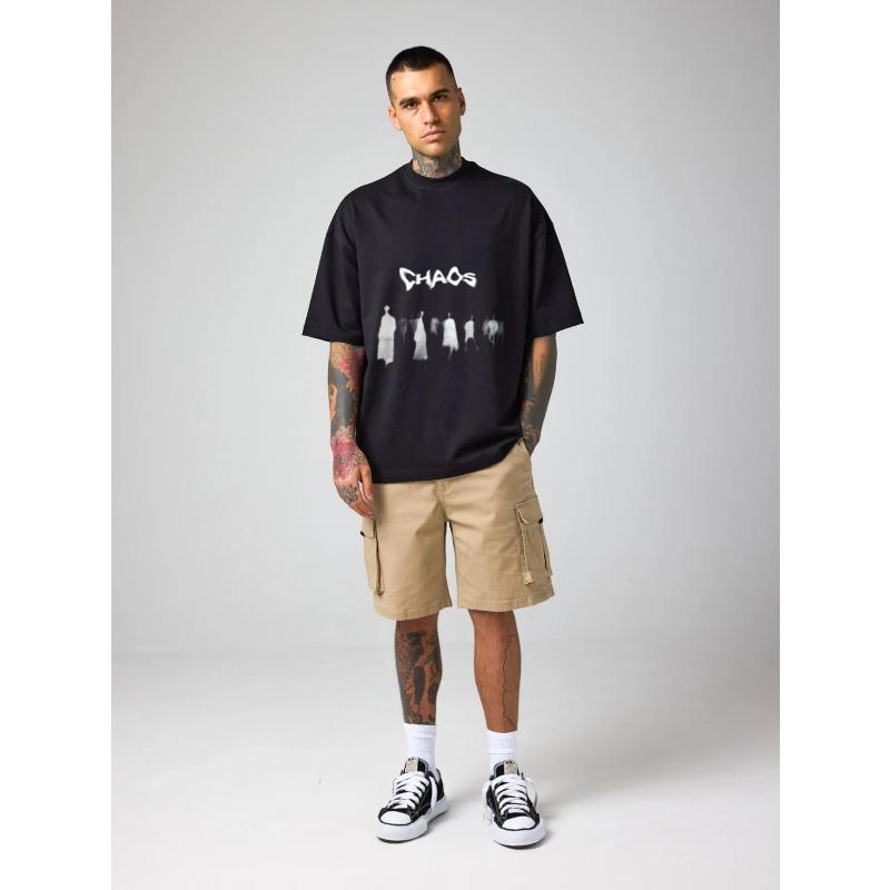 Футболка оверсайз черная с графическим принтом «Хаос» и силуэтами, повседневная уличная одежда для мужчин