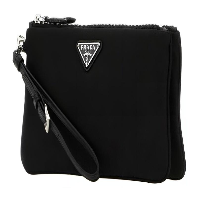 Prada Re-Nylon Metal Triangle Logo Zipper Closure Nylon Clutch Women's Black