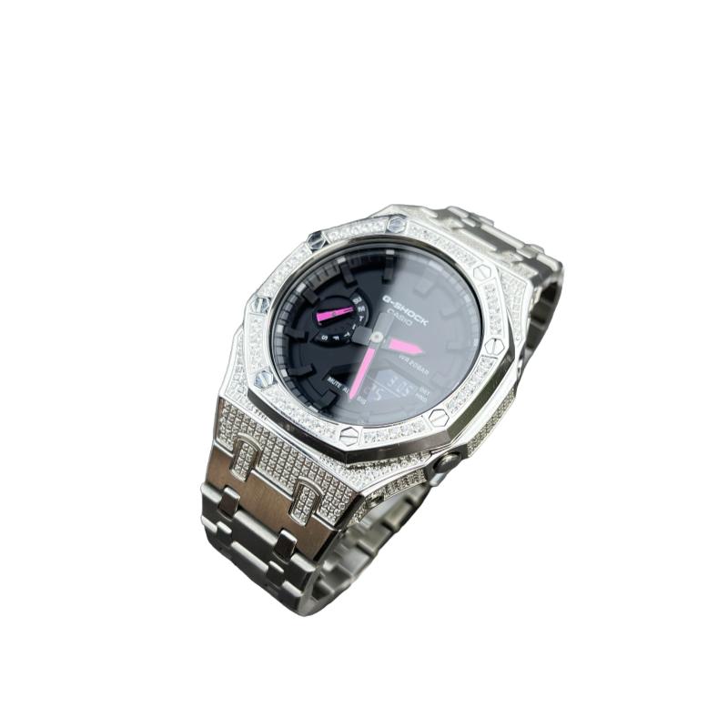 CASIO Customized watch modified series three-pink luminous hands hand-inlaid full diamond case daily GA2100-7A(Watch6-GaiZhuang-ManZuanGangDaiSanFen)