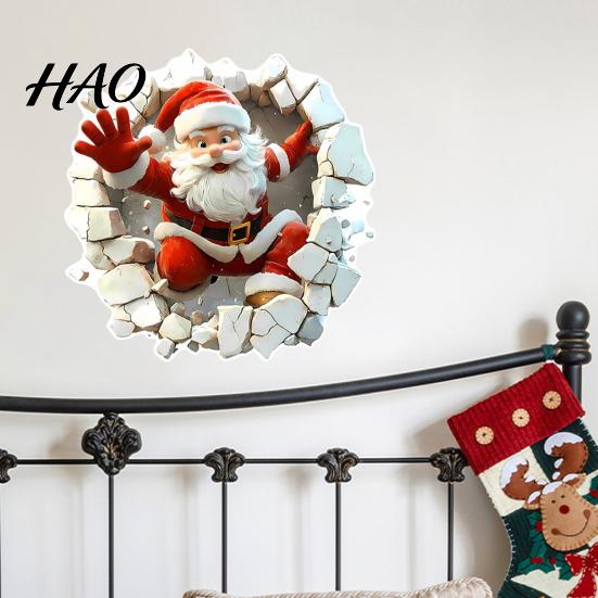 Self Adhesive Christmas Stickers for Door 3D Santa Wall Sticker, Decal, Realistic Breaking Through The Scratch Resistant Seasonal Decals Effect,