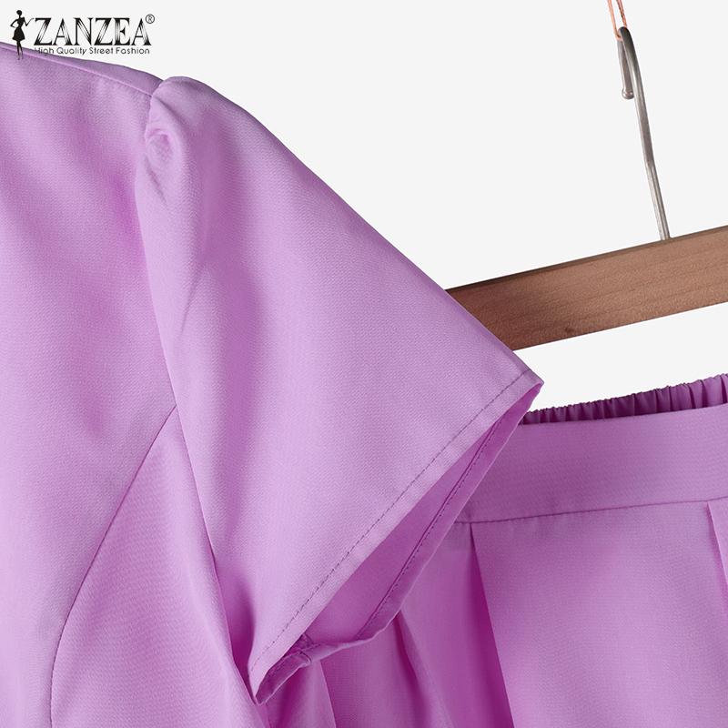 ZANZEA Women Short Sleeve Blouse and Pants Casual Two Piece Sets
