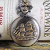 Cute Vintage Watch Bronze Tone Quartz Pocket Watch Pendant Round Shape Carve Sailboat Steam P