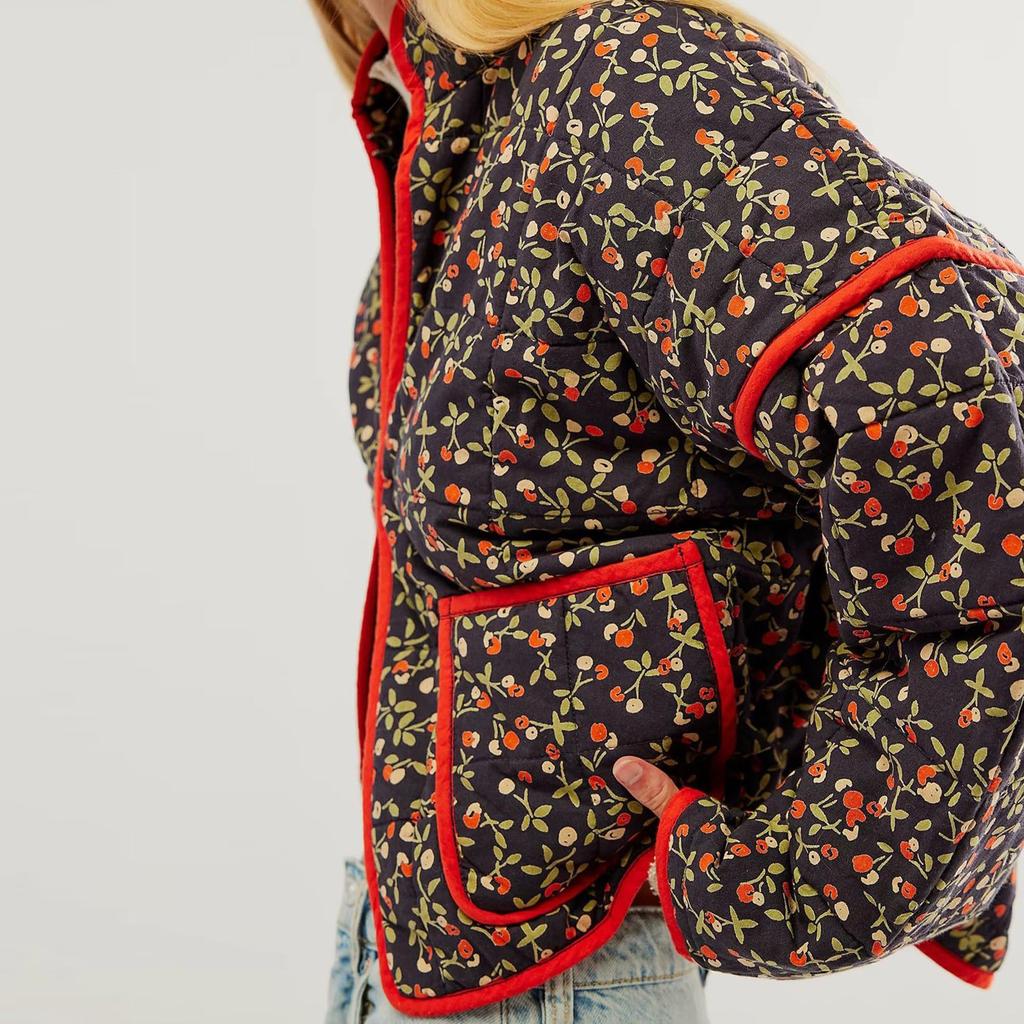 Женская стеганая куртка с цветочным принтом, куртка на пуговицах с длинными рукавами, легкая винтажная куртка с вышивкой, верхняя одежда