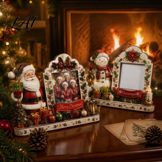 Poplar Wood Photo Frame Christmas 2D Wooden Picture Frame Painted Snowman Santa Xmas Rustic Tabletop Decoration Decor Keepsake Ornament Holiday