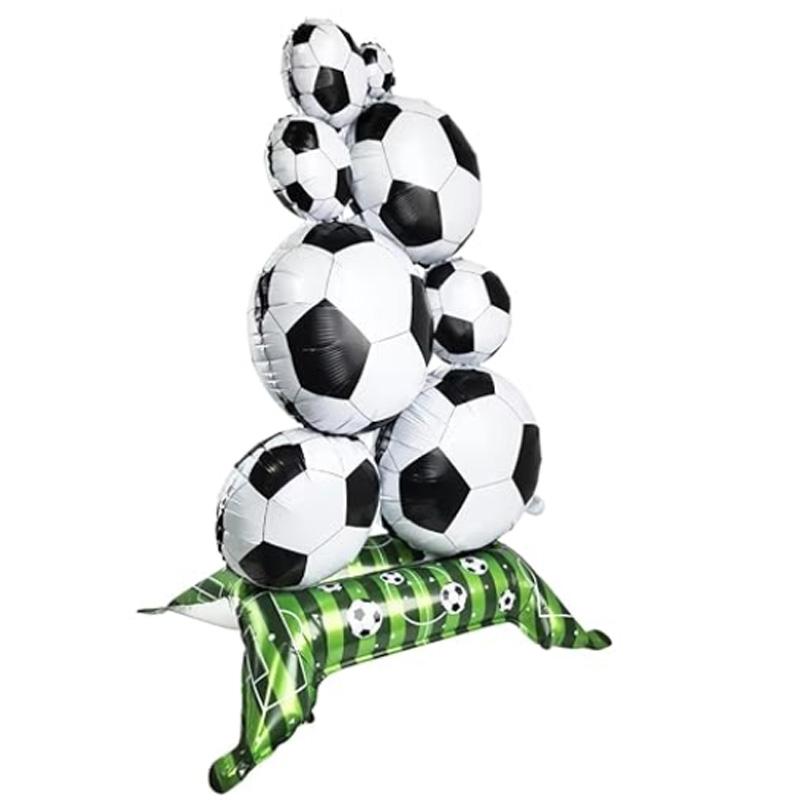 Football and trophy shaped self-standing foil party balloon set, including balloon base.