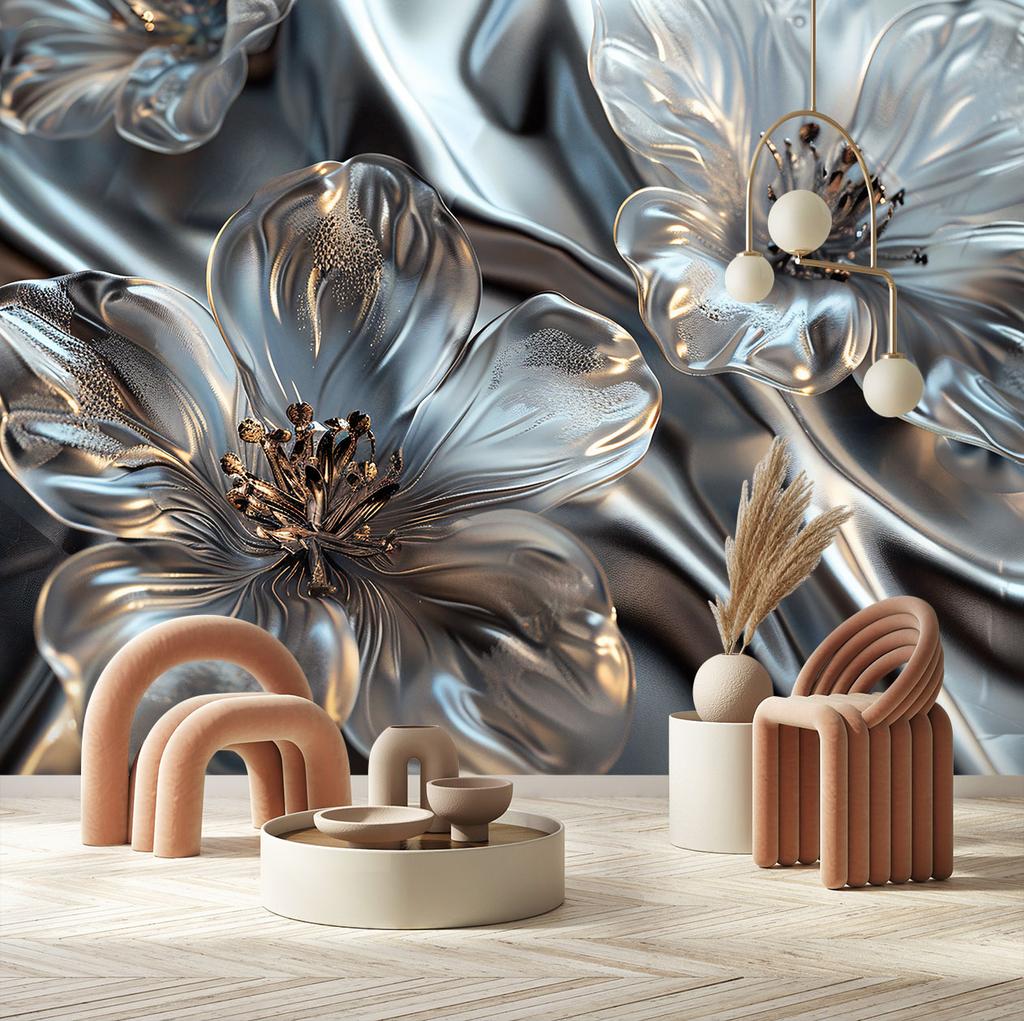 Wallpaper Elegant Silver Glass Flowers
