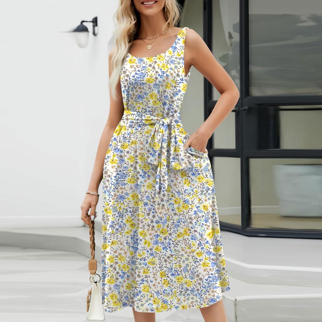 Женское летнее пляжное свободное платье миди трапециевидной формы без рукавов с круглым вырезом и цветочным принтом, платье-жилет с карманом на шнуровке