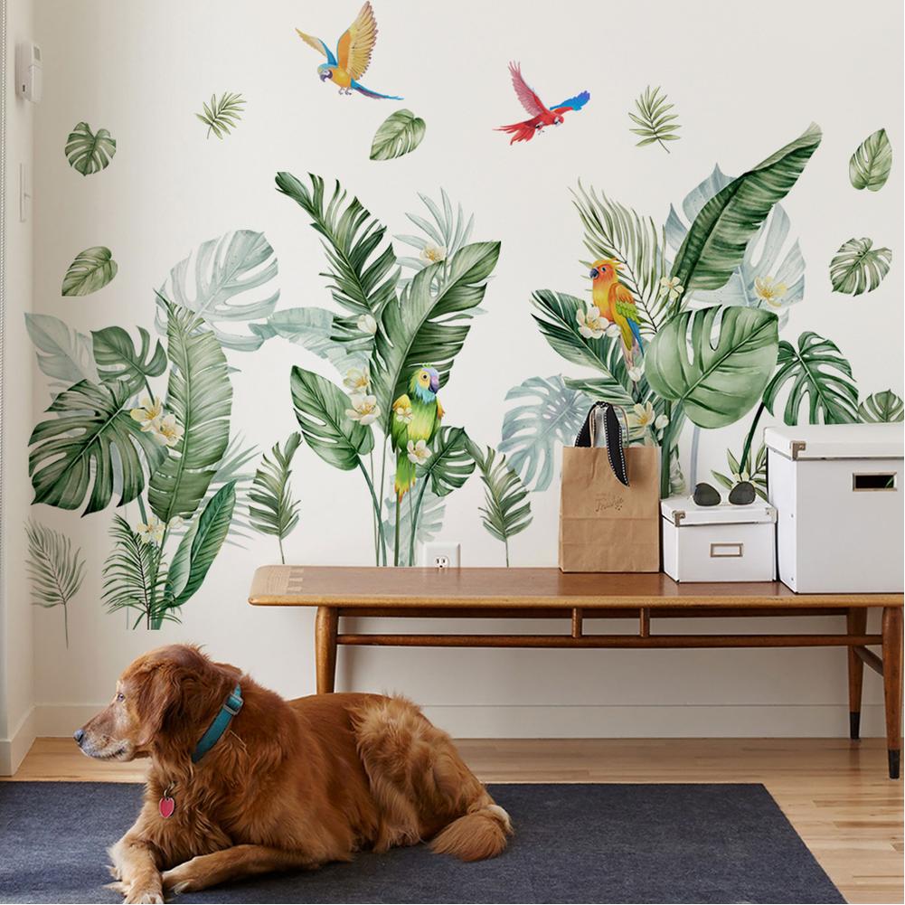 2 Pcs Green Plants Birds Wall Sticker Decal, Peel And Stick Wall Decal, Home Background Wall Decoration For Bedrooms Children's Rooms Kindergartens