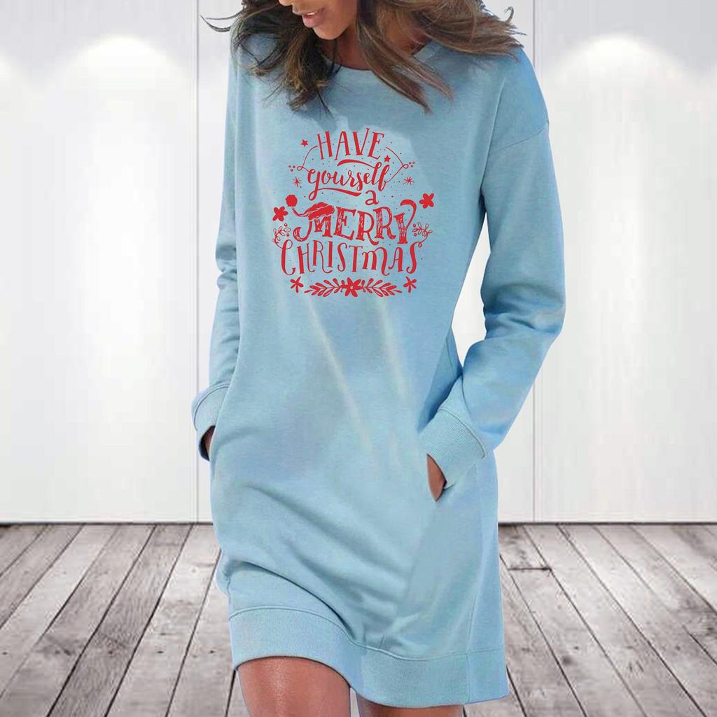 Women's Fashion Christmas Printed Pockets Long Sleeve Pullover Dress