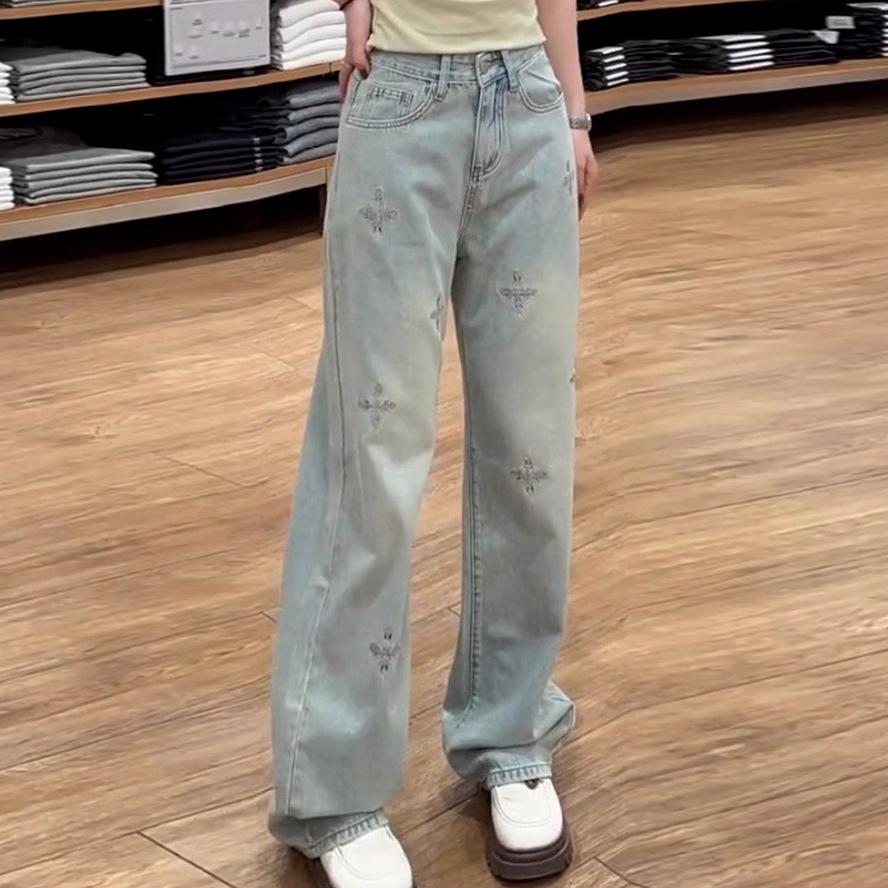 Женские джинсы с высокой посадкой, вышивкой, светлой стиркой, широкими штанинами, весна 2025