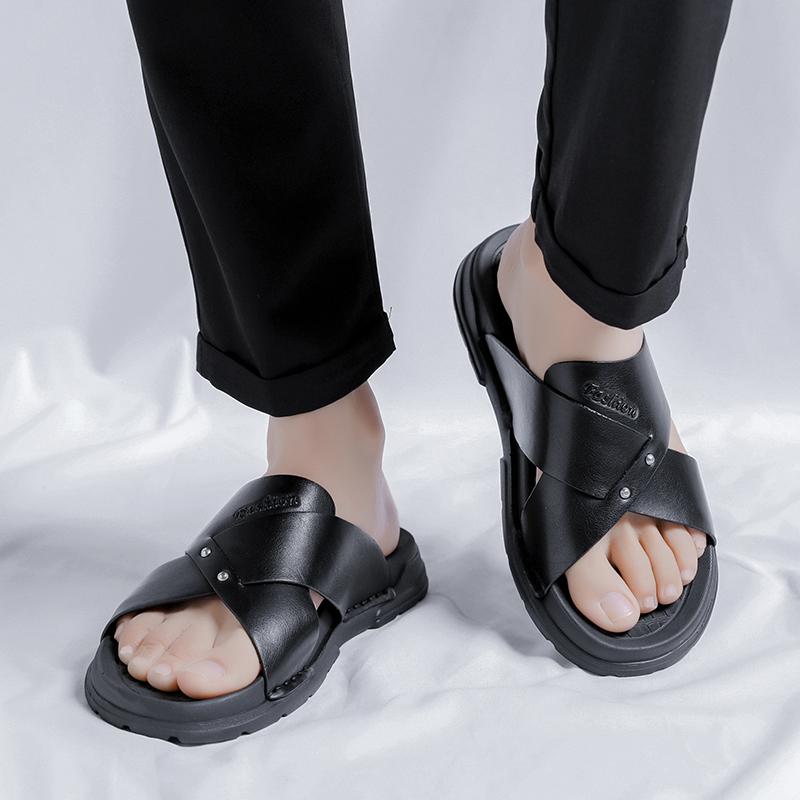 Модные летние мужские сандалии из натуральной кожи, пляжные сандалии, резиновая подошва, мягкие черные тапочки с толстой подошвой, мужские римские сандалии