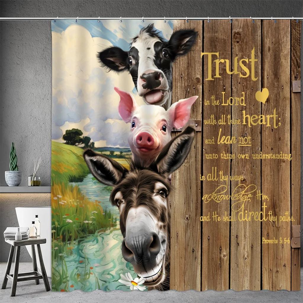 Farm Animal Shower Curtain, Oil Painting Farmhouse Barn Door Donkey Cow Pig Sunflower Spring Bathtub Partition Bathroom Decor