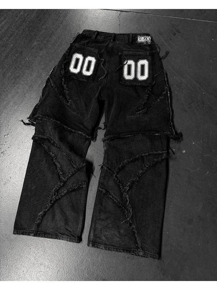 Мода Америка ретро-стрит молния пэчворк мешковатые джинсы мужские Y2k полоса вышивка сращивание черные джинсовые брюки хип-хоп джинсы