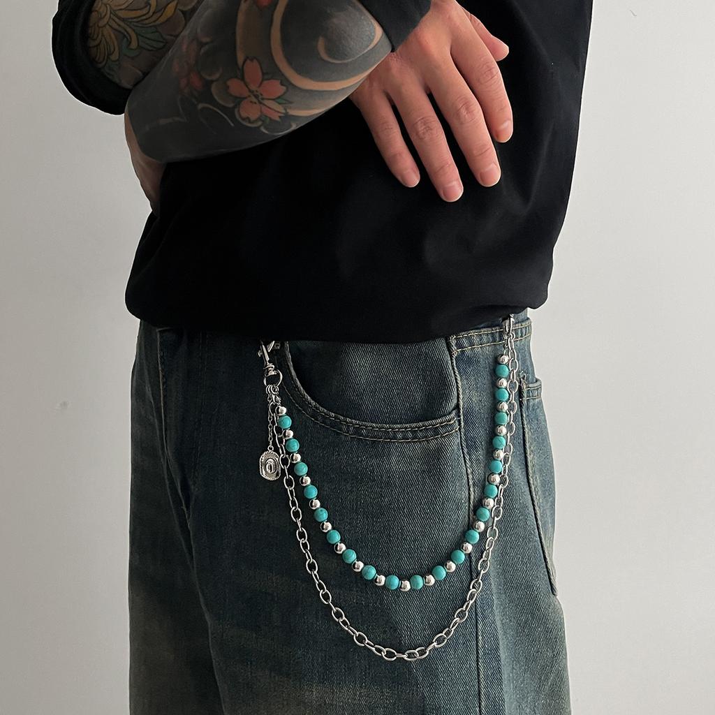 Ingemark Y2K Trendy Blue Stone Bead Jeans Pants Chain For Men Women Hip Hop Punk Double Layer Keychains Bag Accesories Jewelry