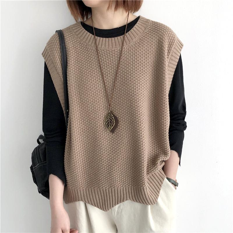 Однотонный вязаный жилет для женщин на осень, свободный круглый вырез, неровный пуловер, короткий жилет, жилетное плечо, внешний слой
