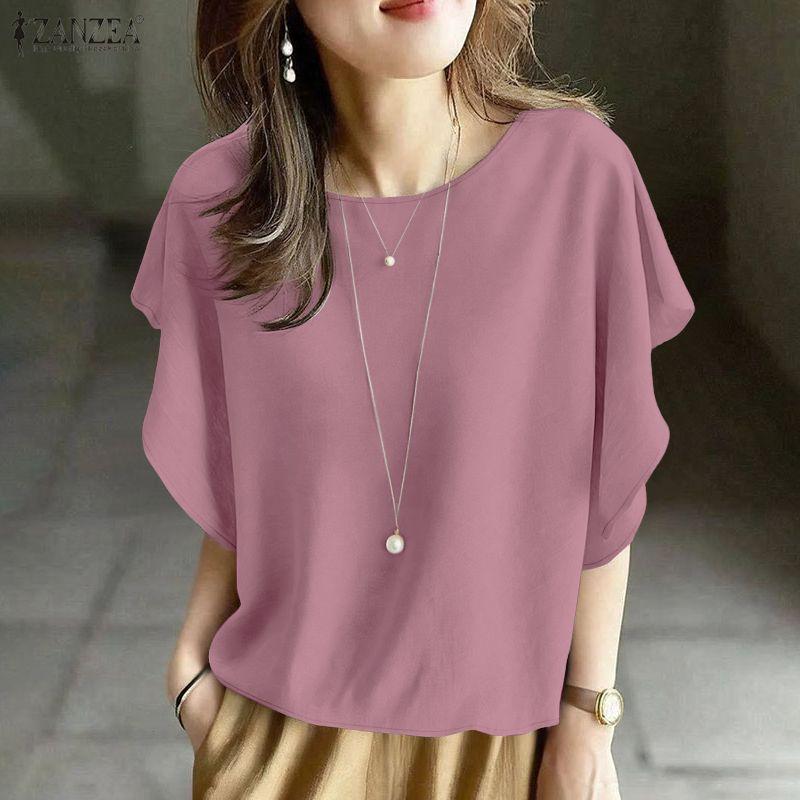 ZANZEA Women Casual Round Neck Summer Short Sleeve Blouse