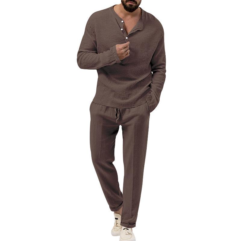 Men's Spring and Autumn 2 Piece Long Sleeve Shirt and Long Pants Set Casual Solid Stand Collar Drawstring Tracksuit