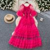 French Pleated Waisted Flared Sleeve Mesh Cake Dress Women Temperament Elegant Gown Long Dress