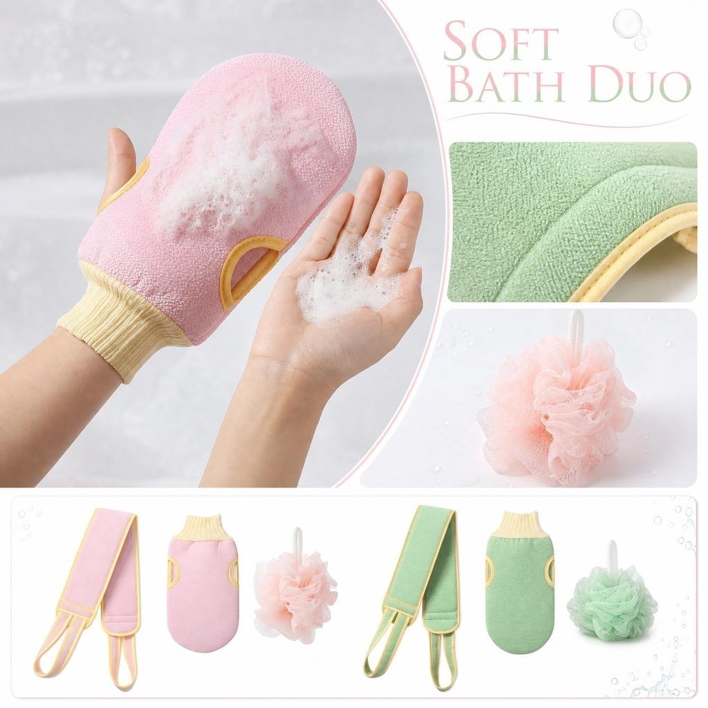 Exfoliating Back Scrubber Strap Bath Sponge Set Double Sided Body Wash Mitt Loofah for Deep Cleansing and Dead Skin Removal