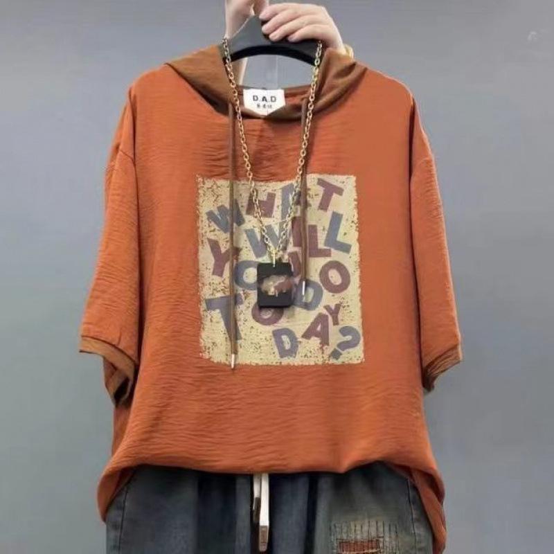 Casual Set Personalized Fashion Hooded Loose Print Short Sleeve Nine Points Jeans Two Piece Set Women's