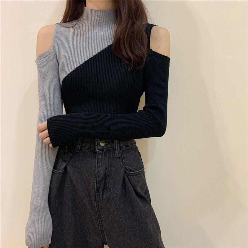 Свитер женский, полуводолазка без бретелек, сексуальный пуловер, трикотаж, тонкий корейский лоскутный топ, модный свитер, осенне-зимний джемпер