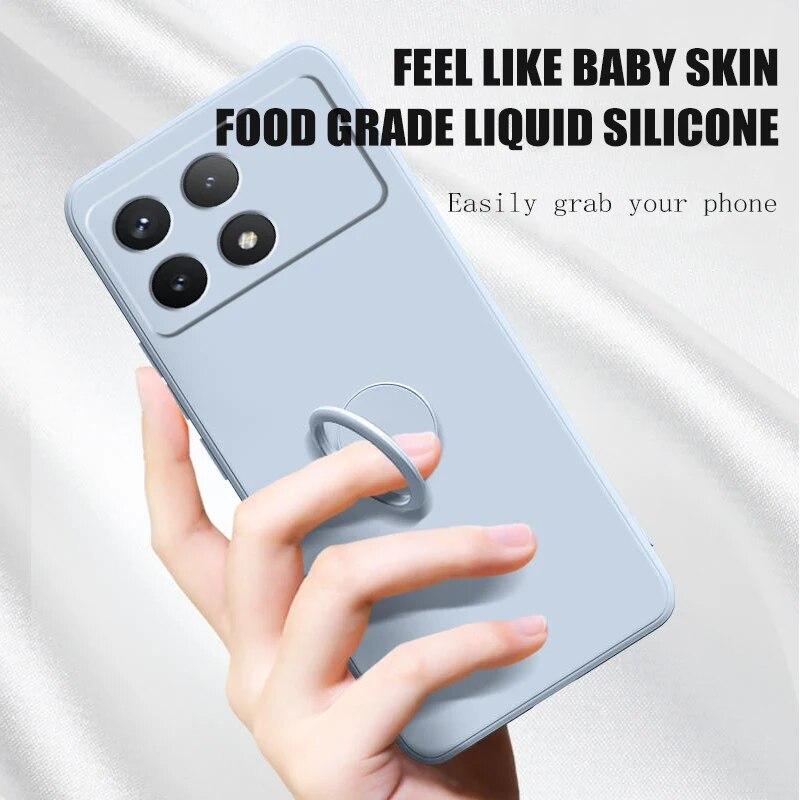 Luxury Liquid Silicone Ring Stand Shell for Redmi POCO X6 Pro Cover Shockproof Xiaomi K70E Bumper Back Protection Cover