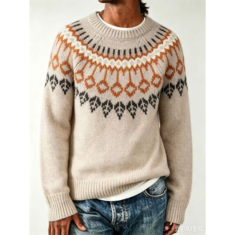 Womens Crew Neck Colorblock Knit Sweater Loose Fit Casual Pullover With Geometric