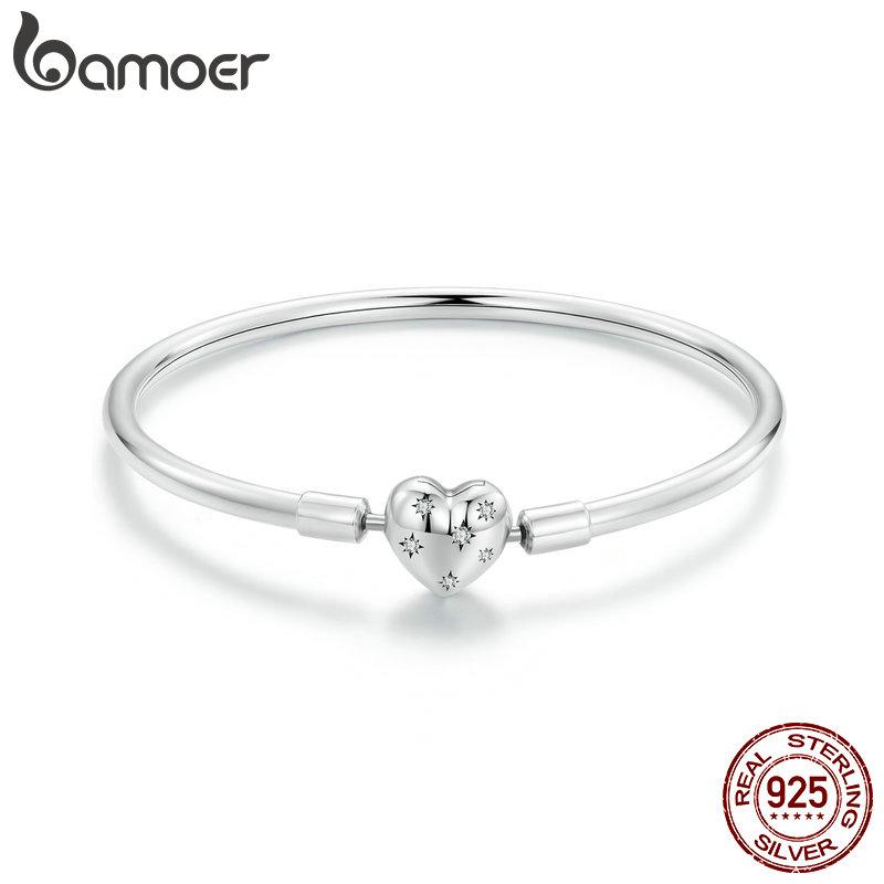 BAMOER 100% 925 Sterling Silver Shiny Starry Bracelet Simple Basic Bangle Bracelet for Women Fine Jewelry 17CM 19CM