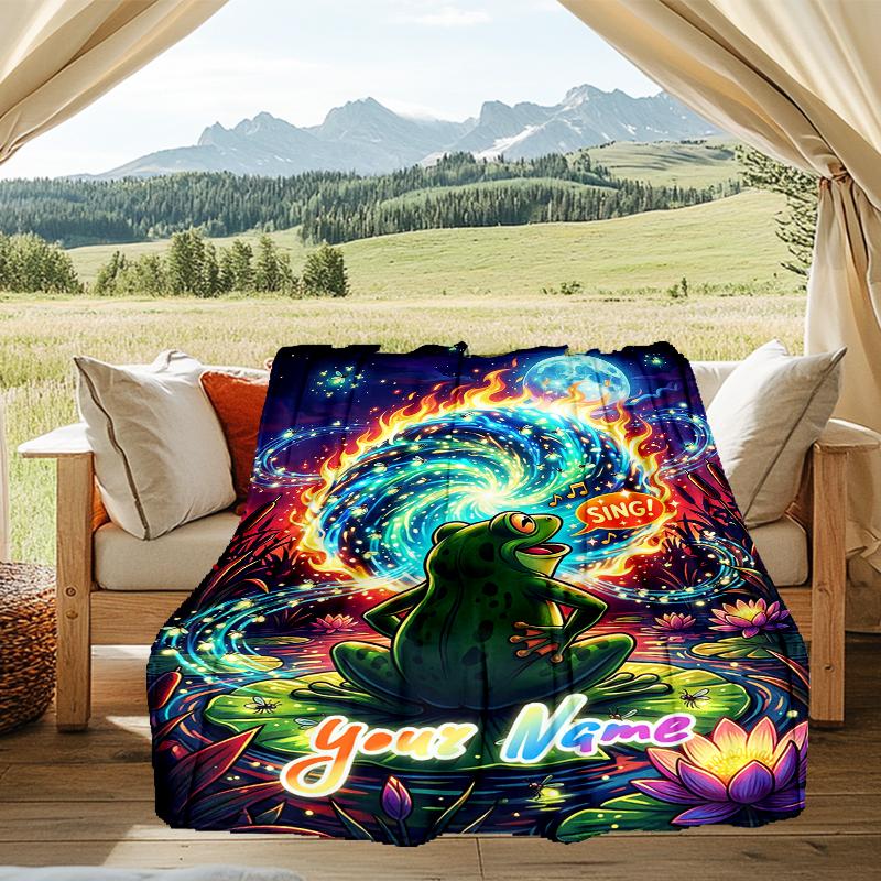 1PC Custom Name Frog Magical Pond flannel blanket versatile,all-season throw suitable for the living room,bedroom,camping,travel,and gift