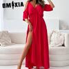 GMXIA V-Neck Hem Split Dress Strapless Sleeve Sexy Halter Dresses