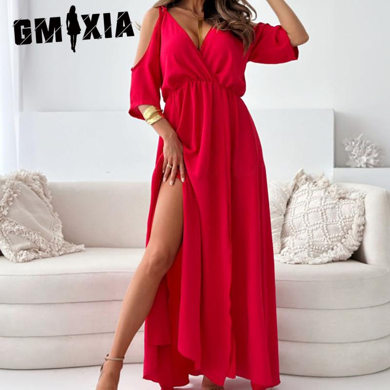 GMXIA V-Neck Hem Split Dress Strapless Sleeve Sexy Halter Dresses