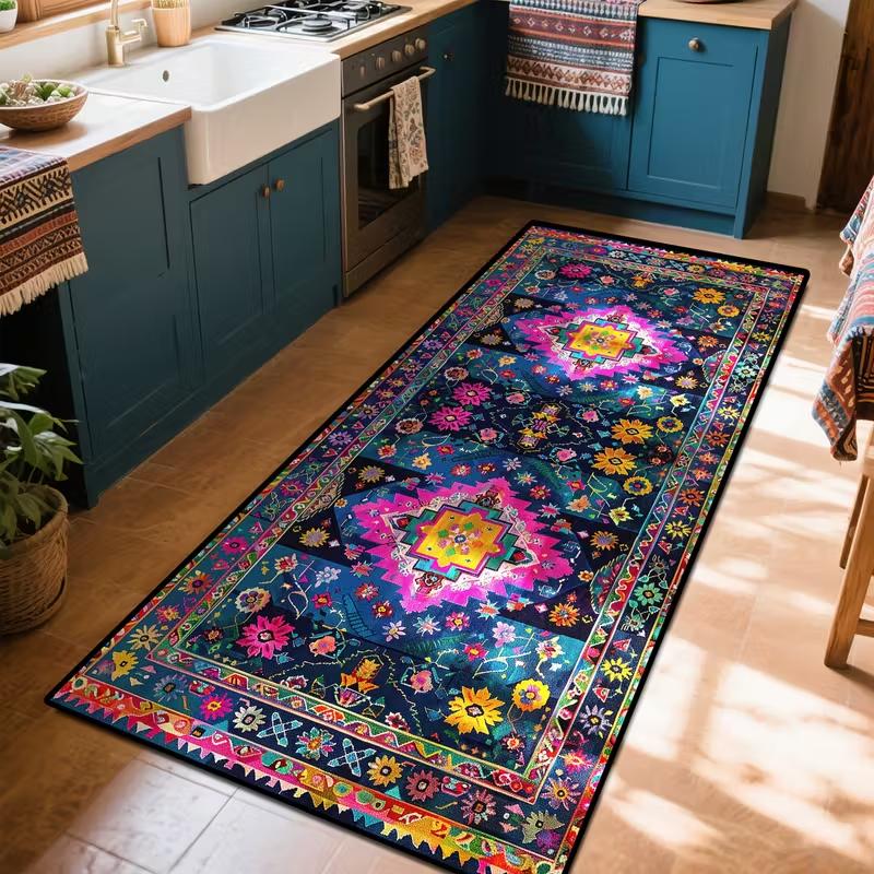 Сложный геометрический фольклорный ковер, симметричный медальон на индиго с цветочным бордюром, коврик для богемной классической прихожей