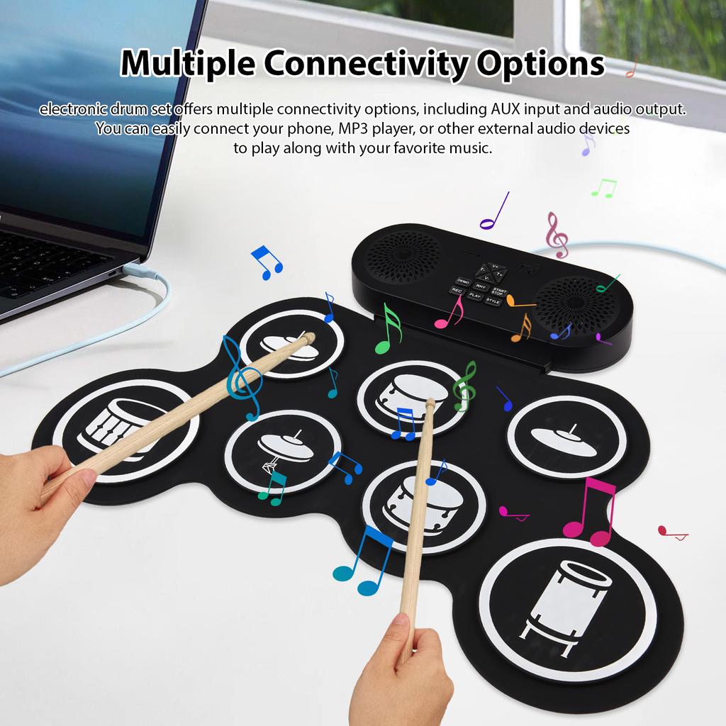 Electronic Drum Set Hand Roll Drum Set 7 Pads with Dual Speaker 7 Drum Styles 6 Rhythms 10 Demo