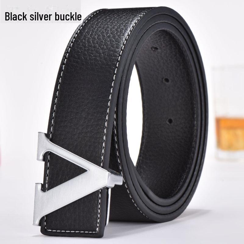 Men's Korean Style Genuine Leather Belt with Smooth V Buckle