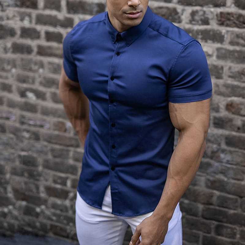 Youth Men Solid Color Business Shirt Casual Ordinary Lapel Short Sleeve Tops