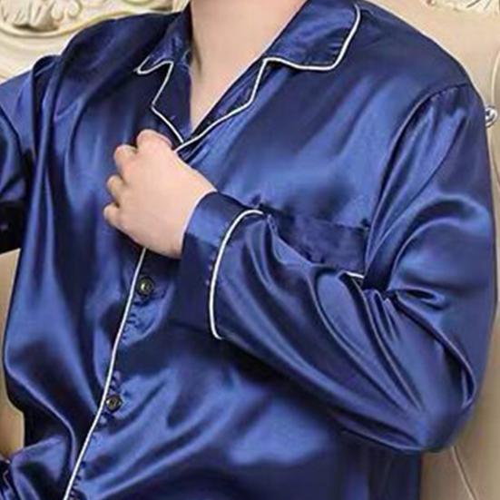 2 Pcs/Set Men Pajamas Set Satin Lapel Long Sleeve Single-breasted Patch Pocket Elastic Waist Soft Wide Leg Men Homewear Shirt Pants Set Fall