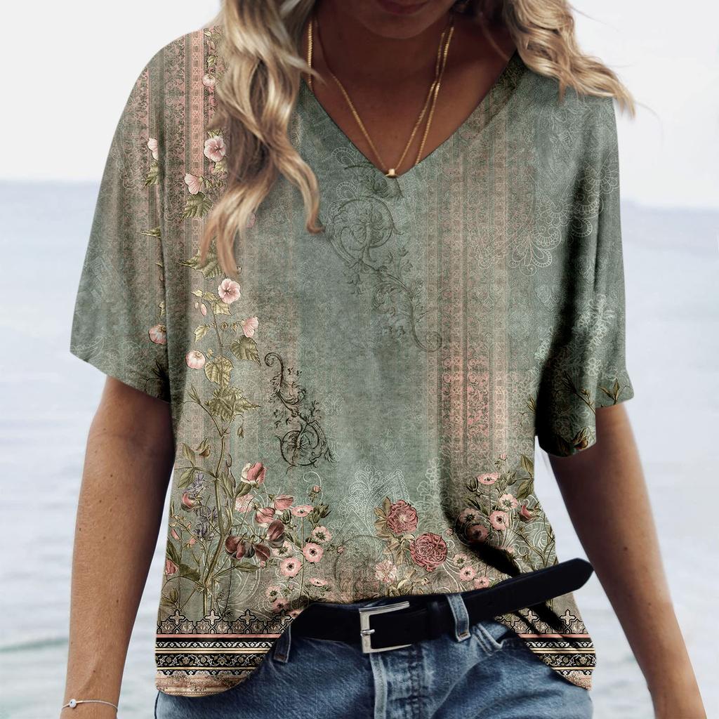 Women's Fashion Casual Print V-neck Short Sleeves Printed T-shirt
