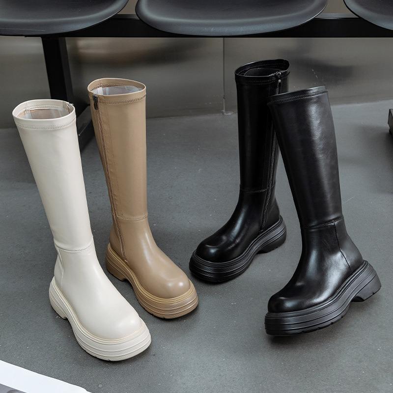 Сигаретные ботинки женские осенние новые однотонные на толстой подошве тонкие маленькие мужские ботфорты до колена женские